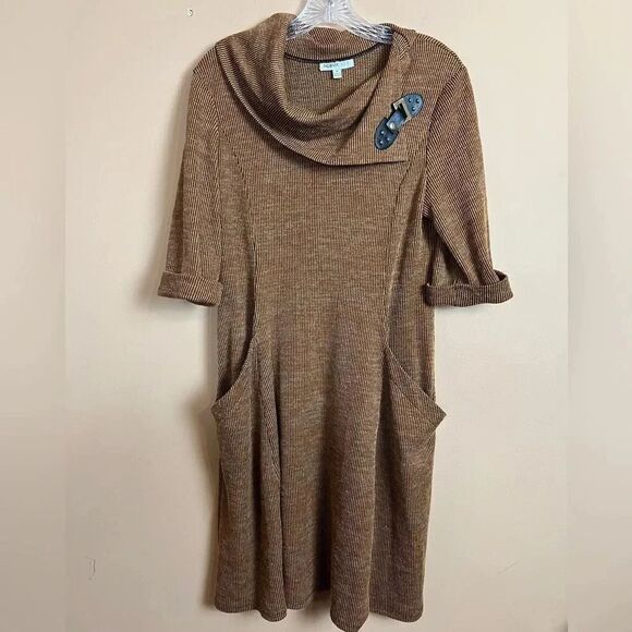Robbie Bee Brown Midi Knit Cowlneck Buckle Pocket Dress Size Medium - Picture 1 of 8